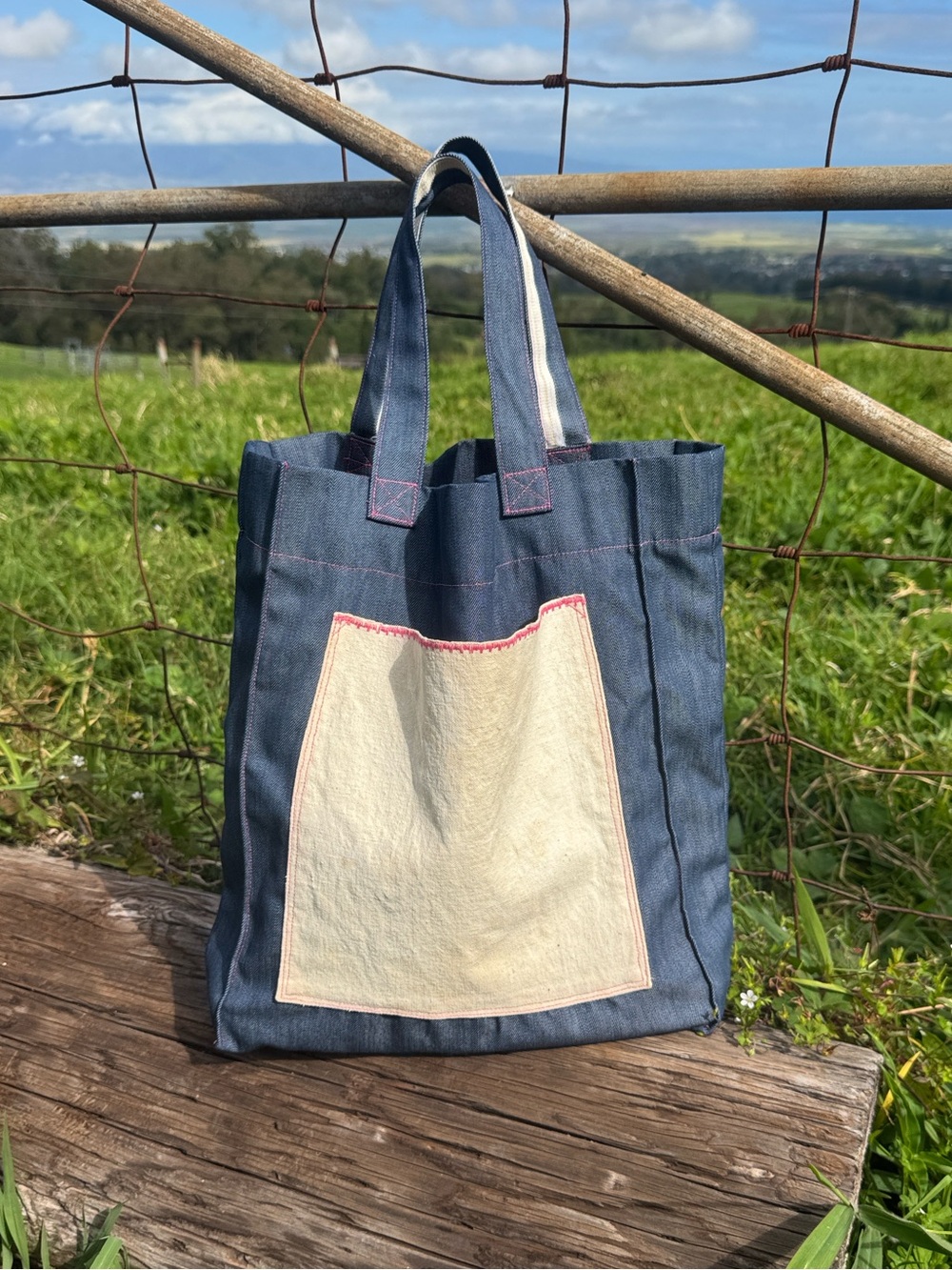 Vintage 70s Twee denim Blue Pink tote bag